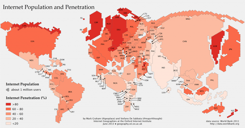 June 2013: This map shows the world adjusted for each country's Internet population. Click to expand (Source: Information Geographies project at the Oxford Internet Institute)