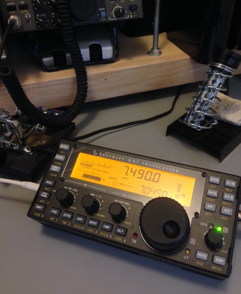 The Elecraft KX3 transceiver tuned to 7490 kHz