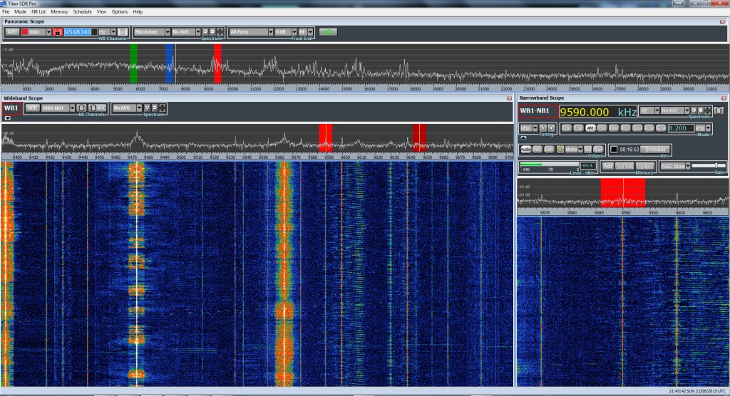 A screen capture of the TitanSDR Pro as I recorded all three frequencies of the BBC Midwinter broadcast simultaneously. 