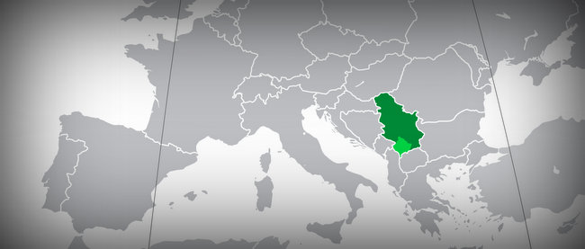Location of Serbia (green) and the disputed territory of Kosovo (light green)in Europe (dark grey). Source: Wikimedia