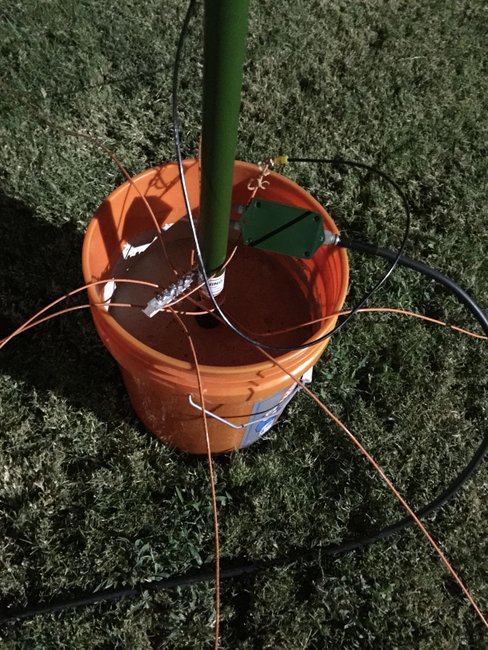 This is a 'close-up' of the bucket. Note the plate the ground radials are attached to, it's from Home Depot, it's a bus bar designed to bond the ground wire for each circuit in a breaker box.
