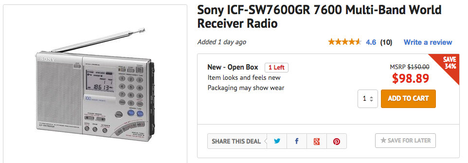 Open Box Deal: Sony ICF-SW7600GR $98.89 shipped | The SWLing Post