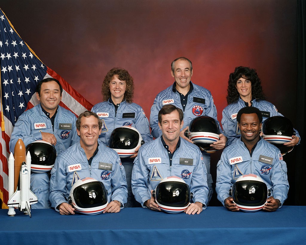STS-51-L crew: (front row) Michael J. Smith, Dick Scobee, Ronald McNair; (back row) Ellison Onizuka, Christa McAuliffe, Gregory Jarvis, Judith Resnik.