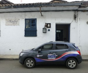 Radio Mil Cuarenta's studio in Popayan, Colombia. (studio with station's car in front)