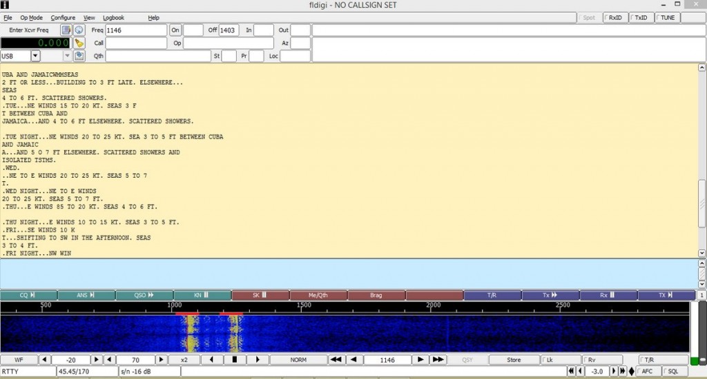 Fldigi in action with split screen; RTTY text above, waterfall below.