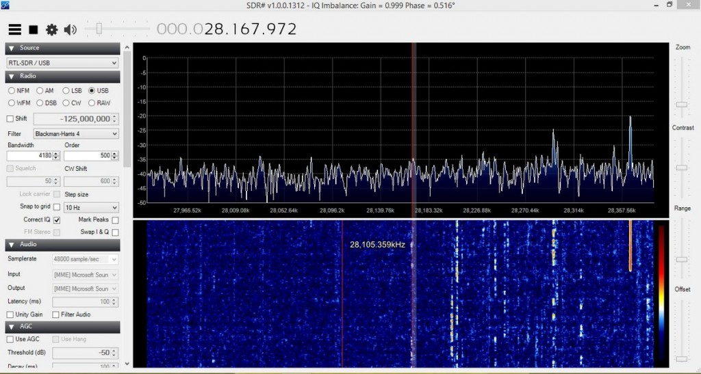 Screenshot of 10m beacon activity in right-half of waterfall on 6/22/15; VA3KAH was heard on 28.168 MHz.