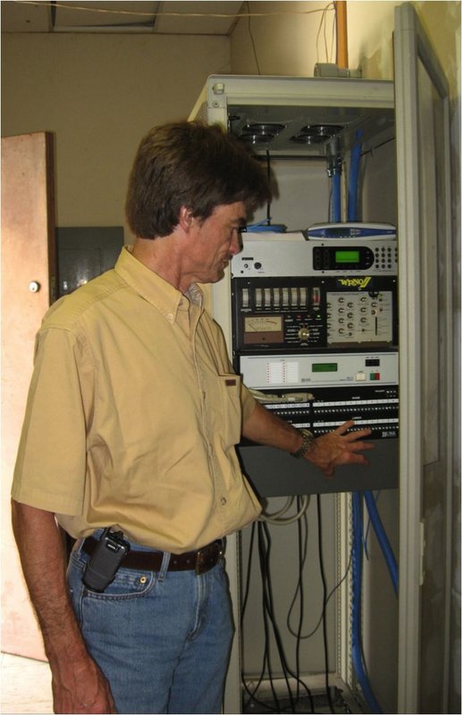 Figure 10. The audio and control rack. Audio is fed via a T1 line from Texas to the Telos ISDN decoder, then to the Optimod 9000A audio processor (an original from the Joe Costello days). The remote control is a Burk unit that allows the studio folks in Texas to control the transmitter.