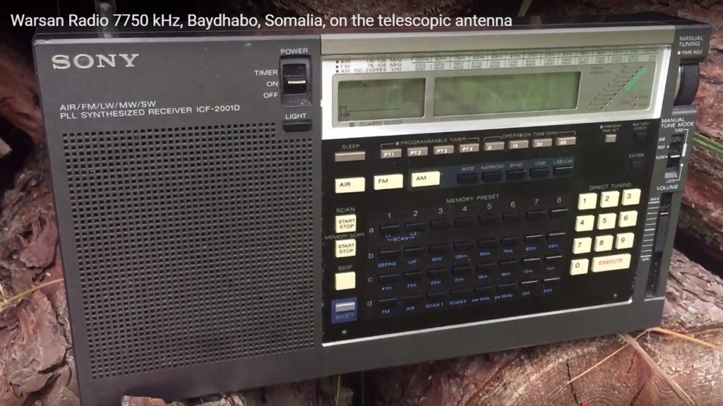 Warsan Radio 7750 kHz Baydhabo Somalia; on the Sony ICF-2001D telescopic  antenna