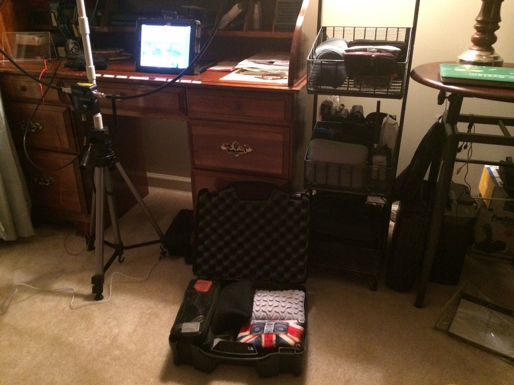 Typical set-up (the metal basket bin is completely filled with radios, antennae, adapters, etc., all in their own cases)