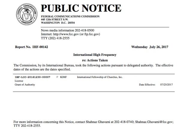 KIMF issued HF broadcasting license | The SWLing Post