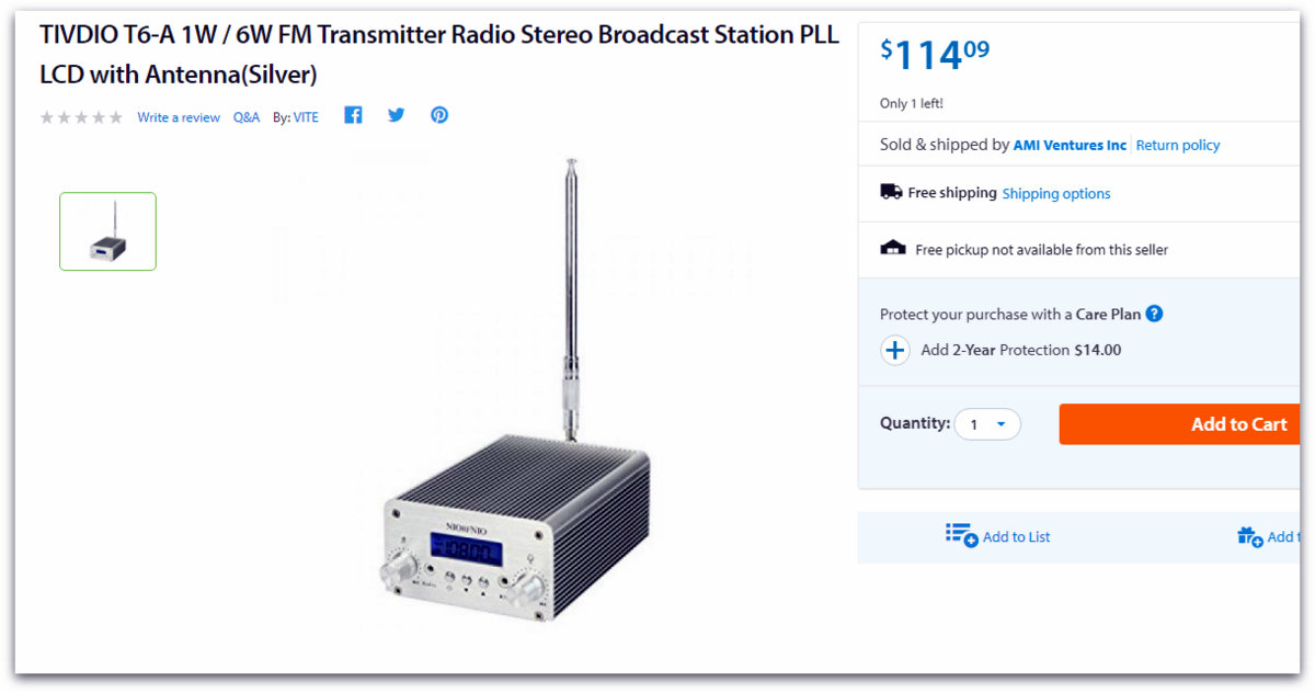 A TIVDIO T6-A Six Watt FM Transmitter (via Walmart!)