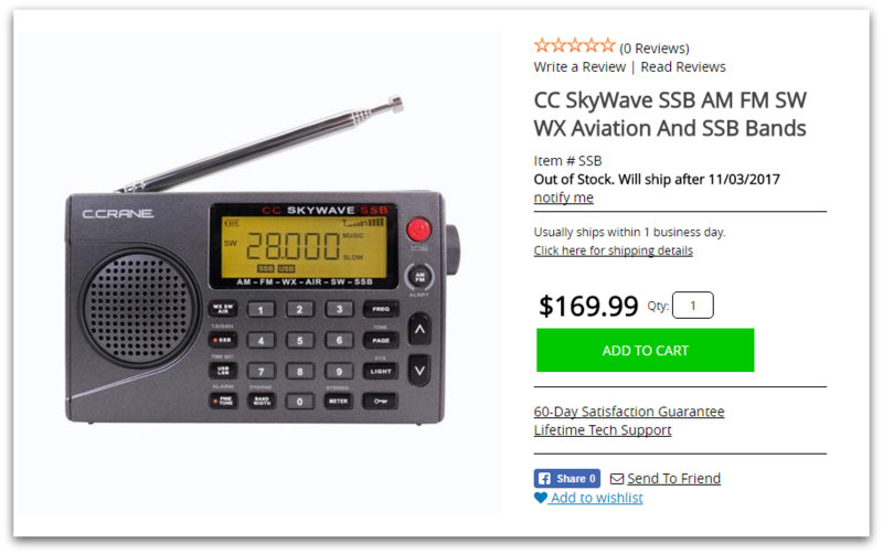 CC Skywave SSB 2 With AM FM SW WX and Aviation Bands / Includes SW Wire  Antenna