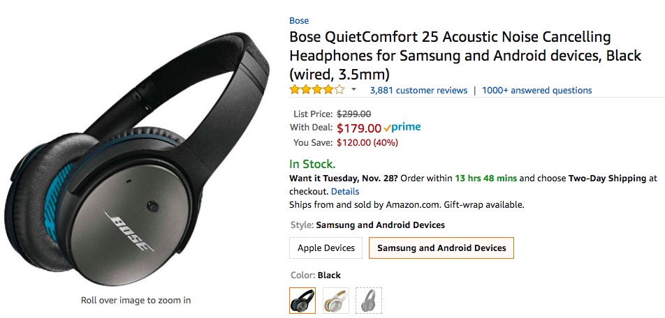 Bose QuietComfort 25 Acoustic Noise Cancelling Headphones for Apple devices  - Black (Wired 3.5mm)