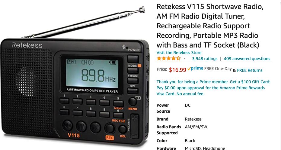 Retekess V115 Portable AM FM Radio with Shortwave MP3 Player