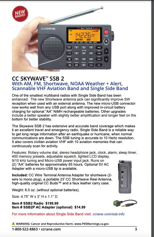 C. Crane CC Skywave SSB 2 AM, FM, Shortwave, NOAA Weather + Alert,  Scannable VHF Aviation Band and Single Side Bands Small Battery Operated  Portable Travel Radio Includes SW Wire Antenna Adapter : Electronics 